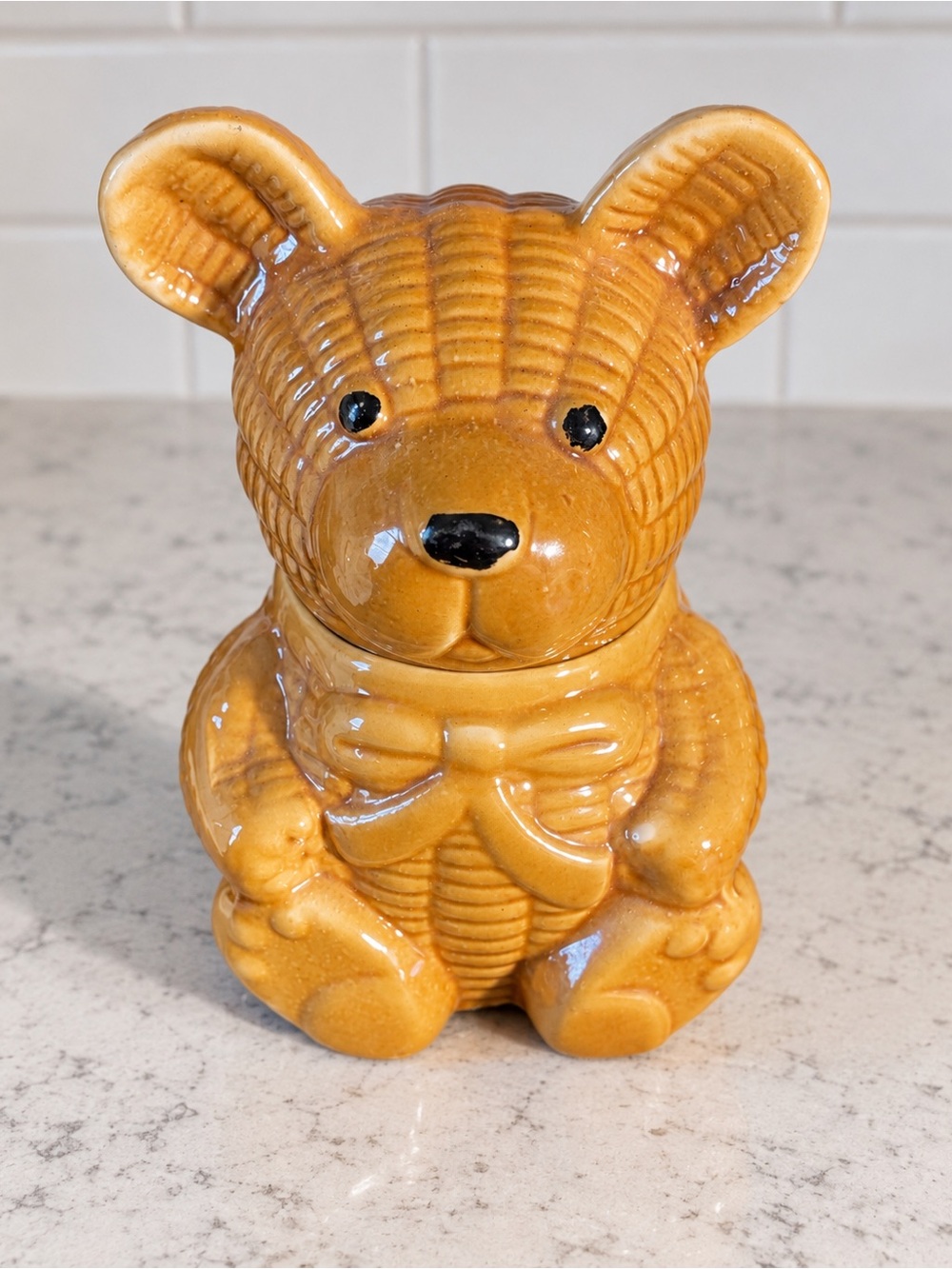 Vintage Ceramic Teddy Bear Lidded Jar Brown Glazed Bear Kitchen Decor